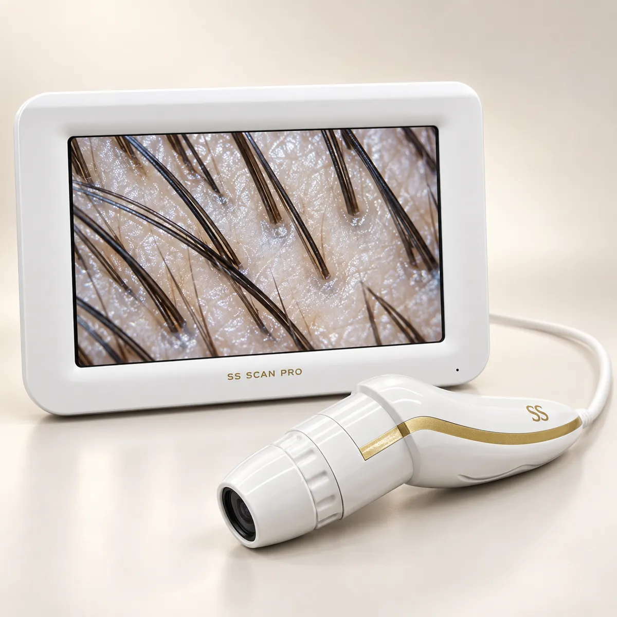 SS Scan Pro Standard handheld analyzer beside its display unit, showing a magnified view of hair and scalp on screen