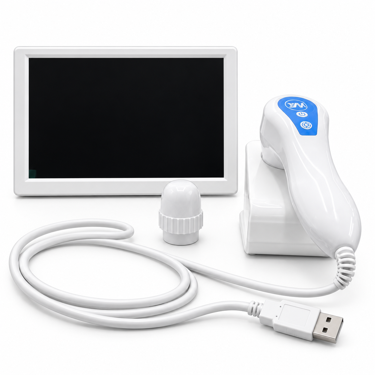 SS Scan Pro USB handheld analyzer beside its display unit and lens cap, with USB cable